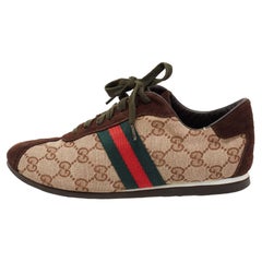 Gucci Brown/Beige Suede and GG Canvas Web Low-Top Sneakers Size 37