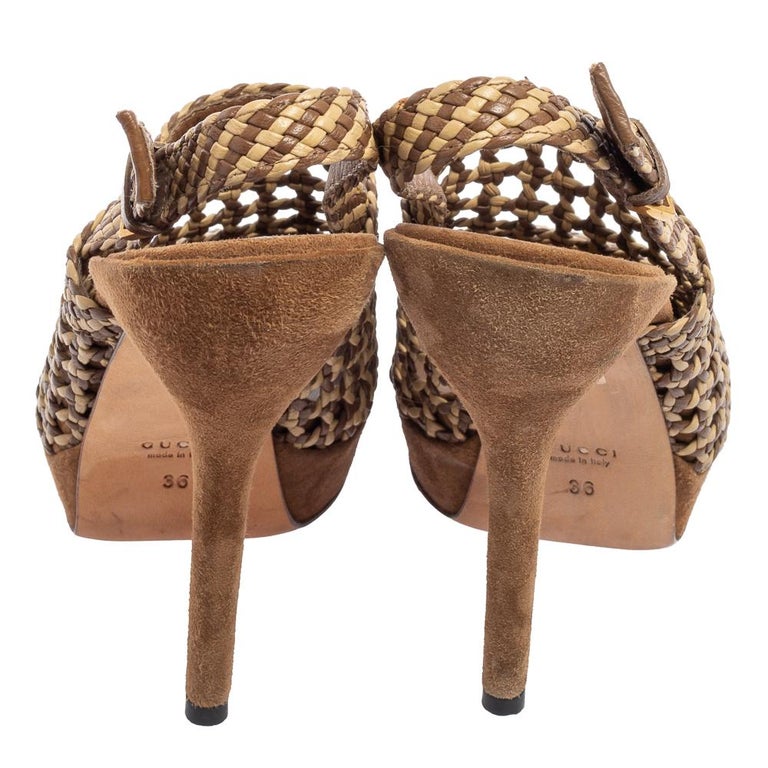 Gucci Brown/Beige Woven Leather Kyligh Slingback Platform Sandals Size ...