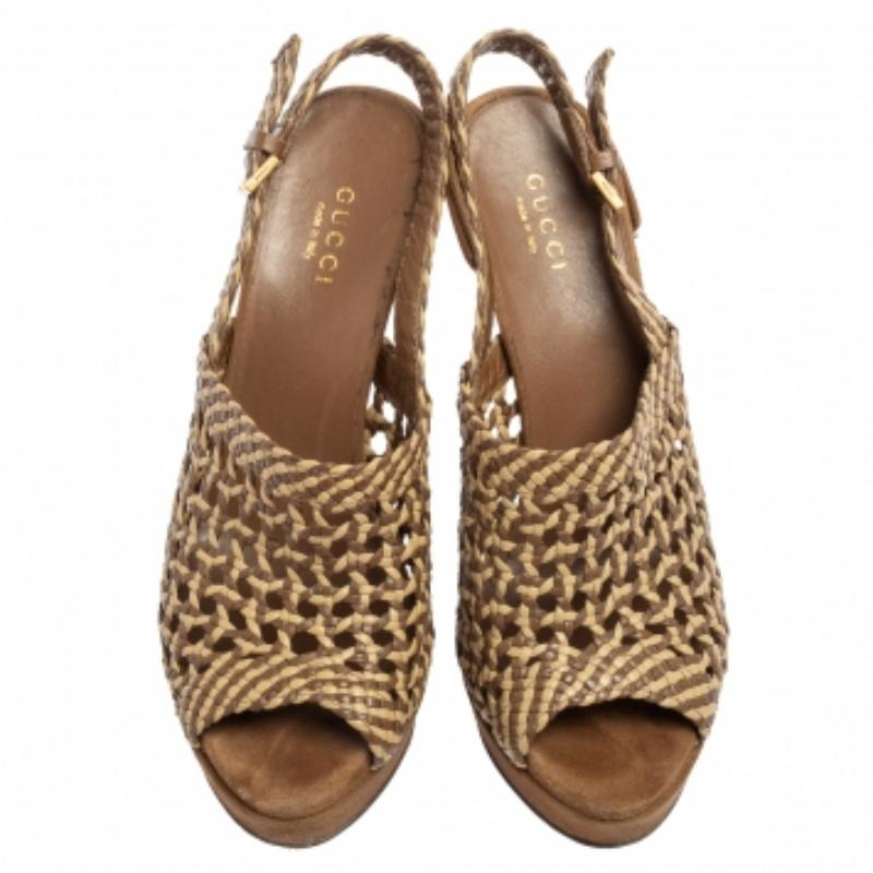 Women's Gucci Brown/Beige Woven Leather Kyligh Slingback Platform Sandals Size 36 For Sale