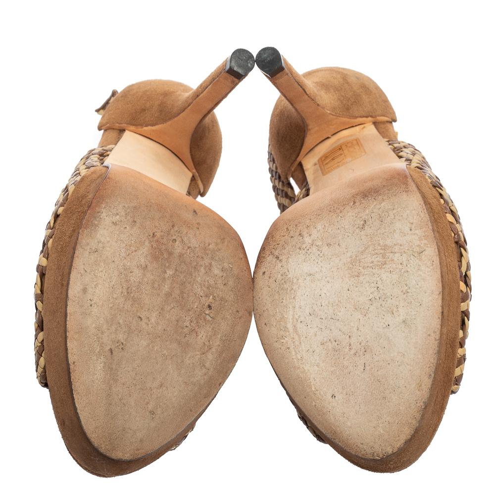Gucci Brown/Beige Woven Leather Kyligh Slingback Platform Sandals Size 36 In Good Condition For Sale In Dubai, Al Qouz 2