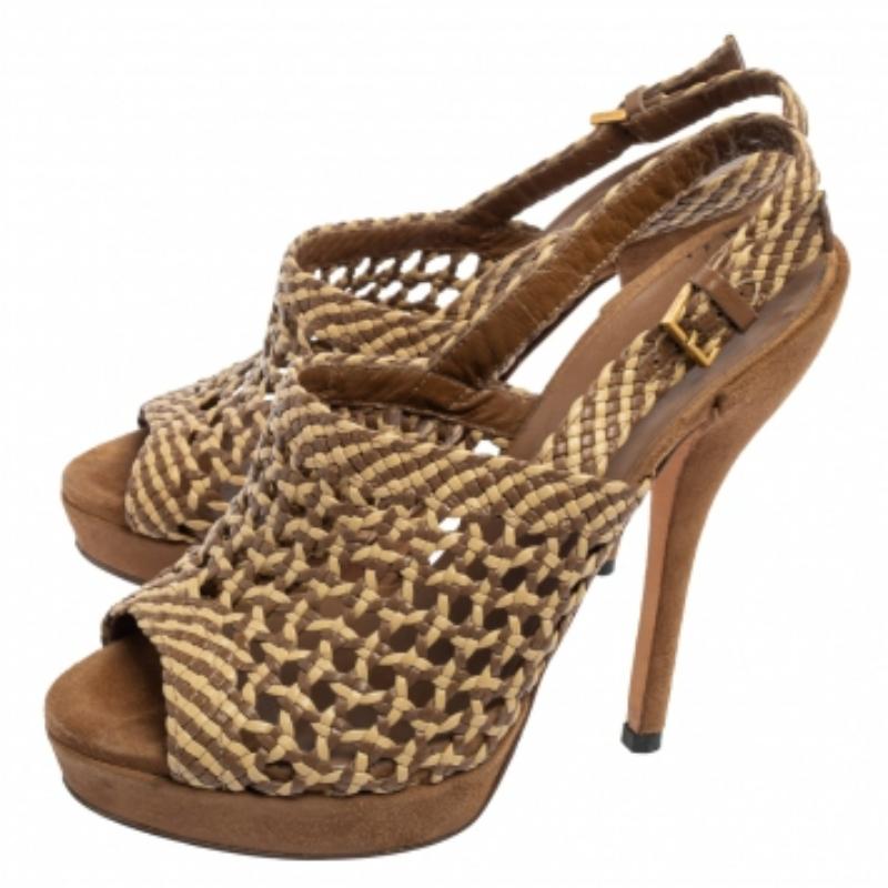 Gucci Brown/Beige Woven Leather Kyligh Slingback Platform Sandals Size 36 For Sale 1