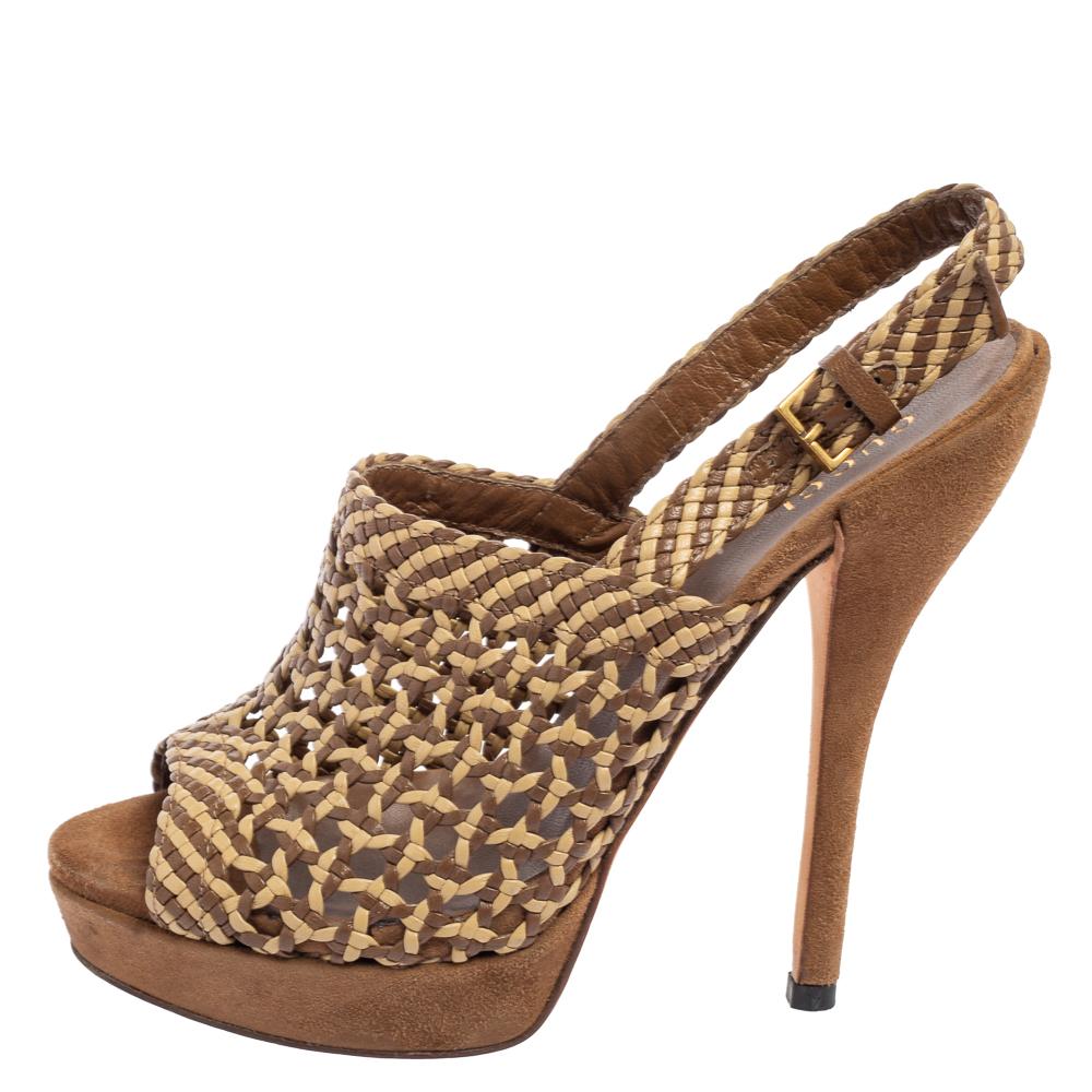 Women's Gucci Brown/Beige Woven Leather Kyligh Slingback Platform Sandals Size 36 For Sale