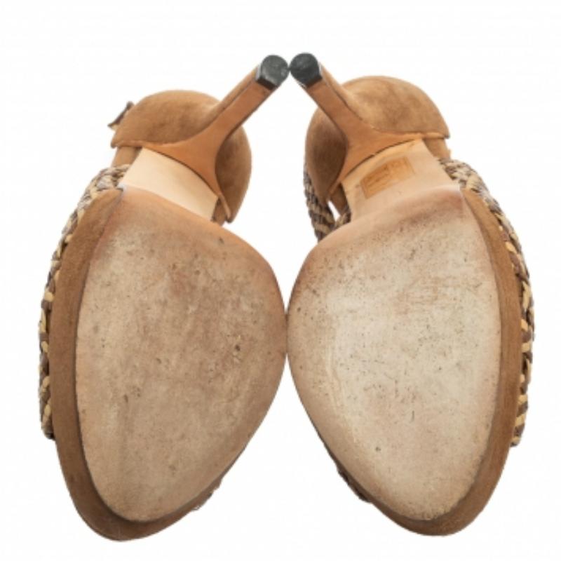 Gucci Brown/Beige Woven Leather Kyligh Slingback Platform Sandals Size 36 For Sale 3