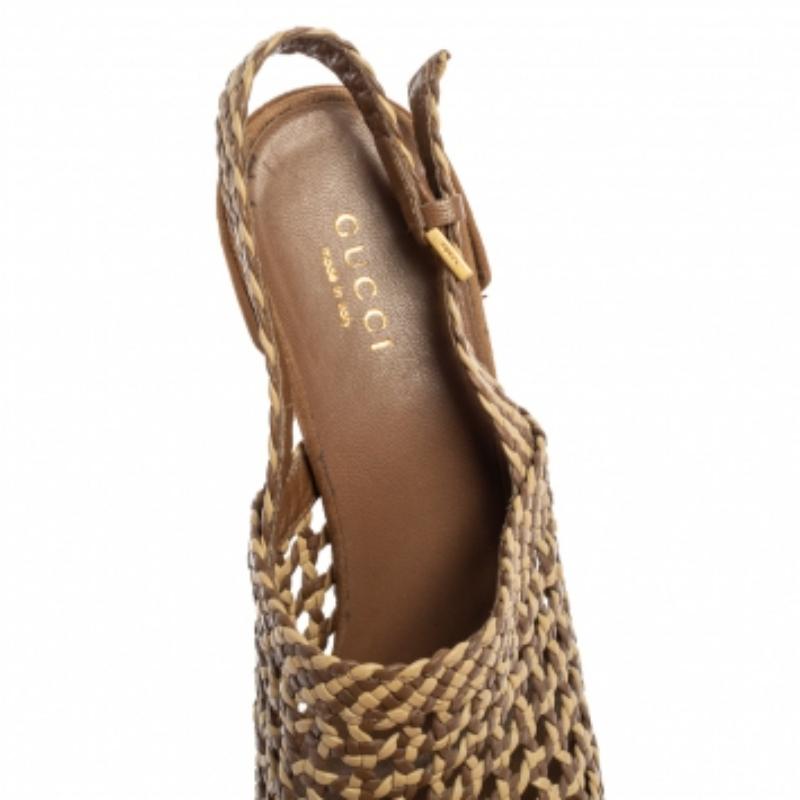 Gucci Brown/Beige Woven Leather Kyligh Slingback Platform Sandals Size 36 For Sale 4