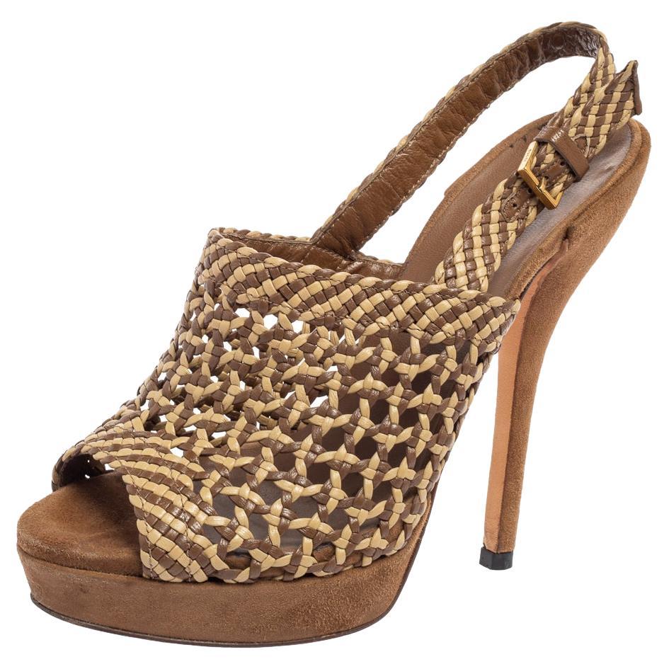 Gucci Brown/Beige Woven Leather Kyligh Slingback Platform Sandals Size 36 For Sale