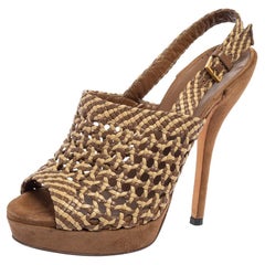 Used Gucci Brown/Beige Woven Leather Kyligh Slingback Platform Sandals Size 36