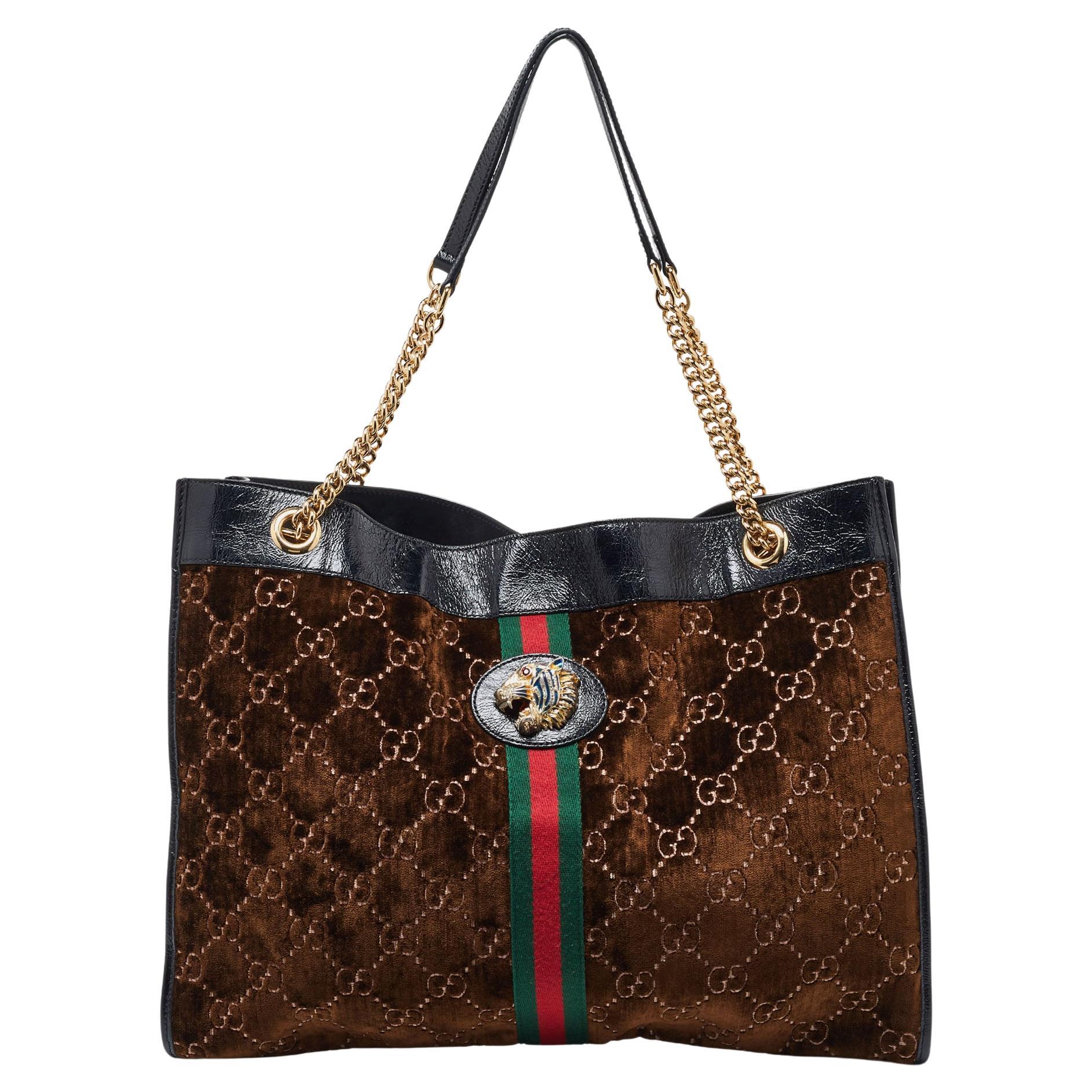 Gucci Brown/Black GG Velvet and Patent Leather Large Rajah Chain Tote