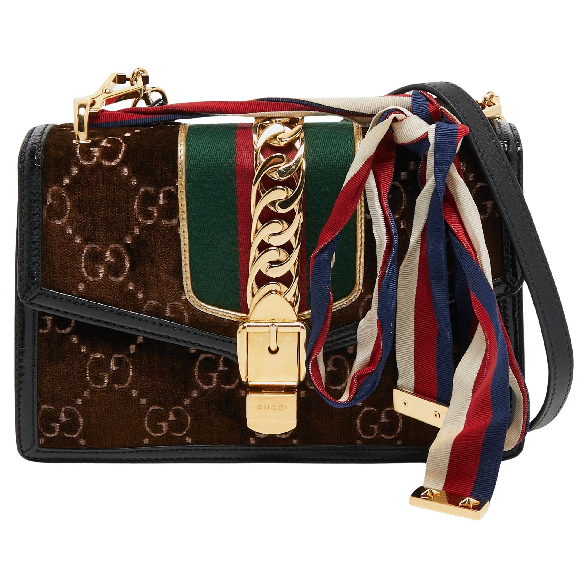 Gucci Brown/Black GG Velvet And Patent Leather Small Sylvie Shoulder Bag