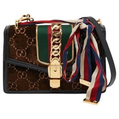 Gucci Brown/Black GG Velvet And Patent Leather Small Sylvie Shoulder Bag