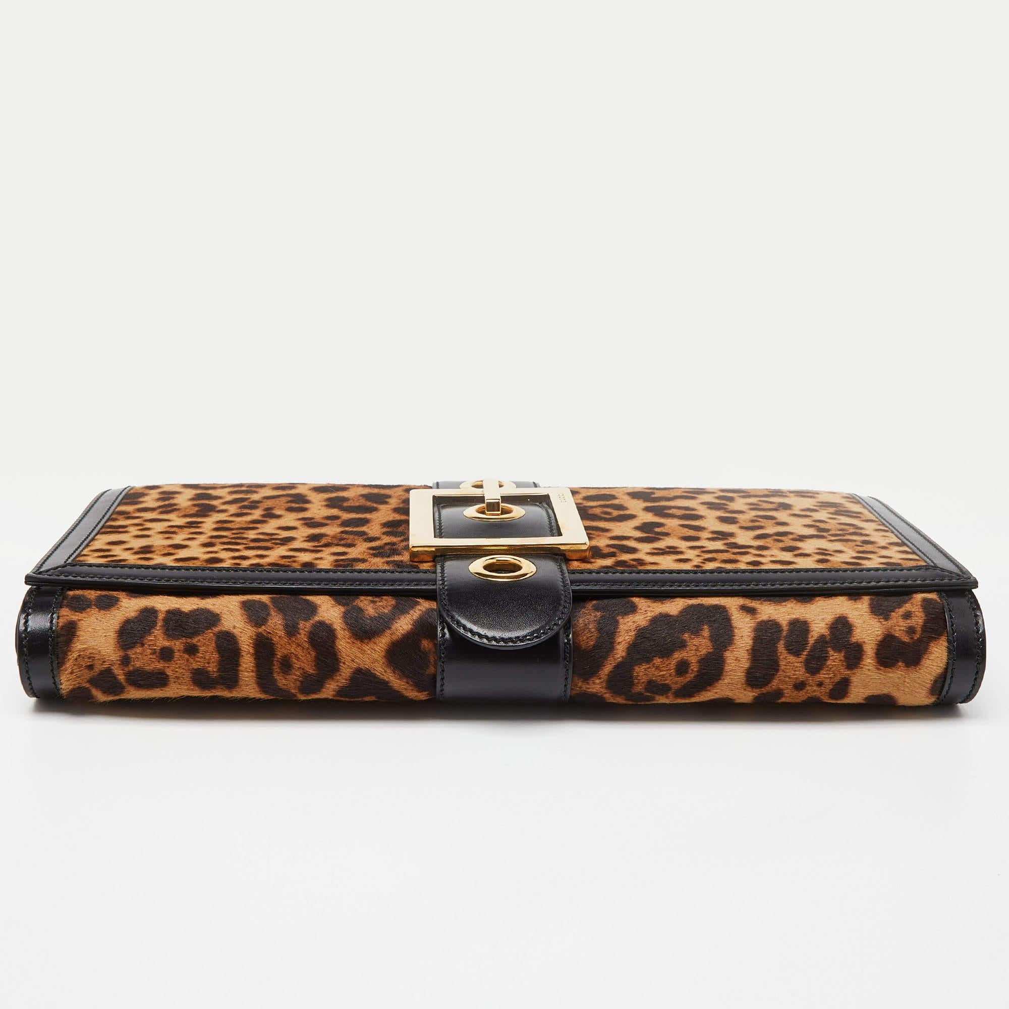 Gucci Brown/Black Leopard Print Calfhair and Leather Lady Buckle Clutch For Sale 7