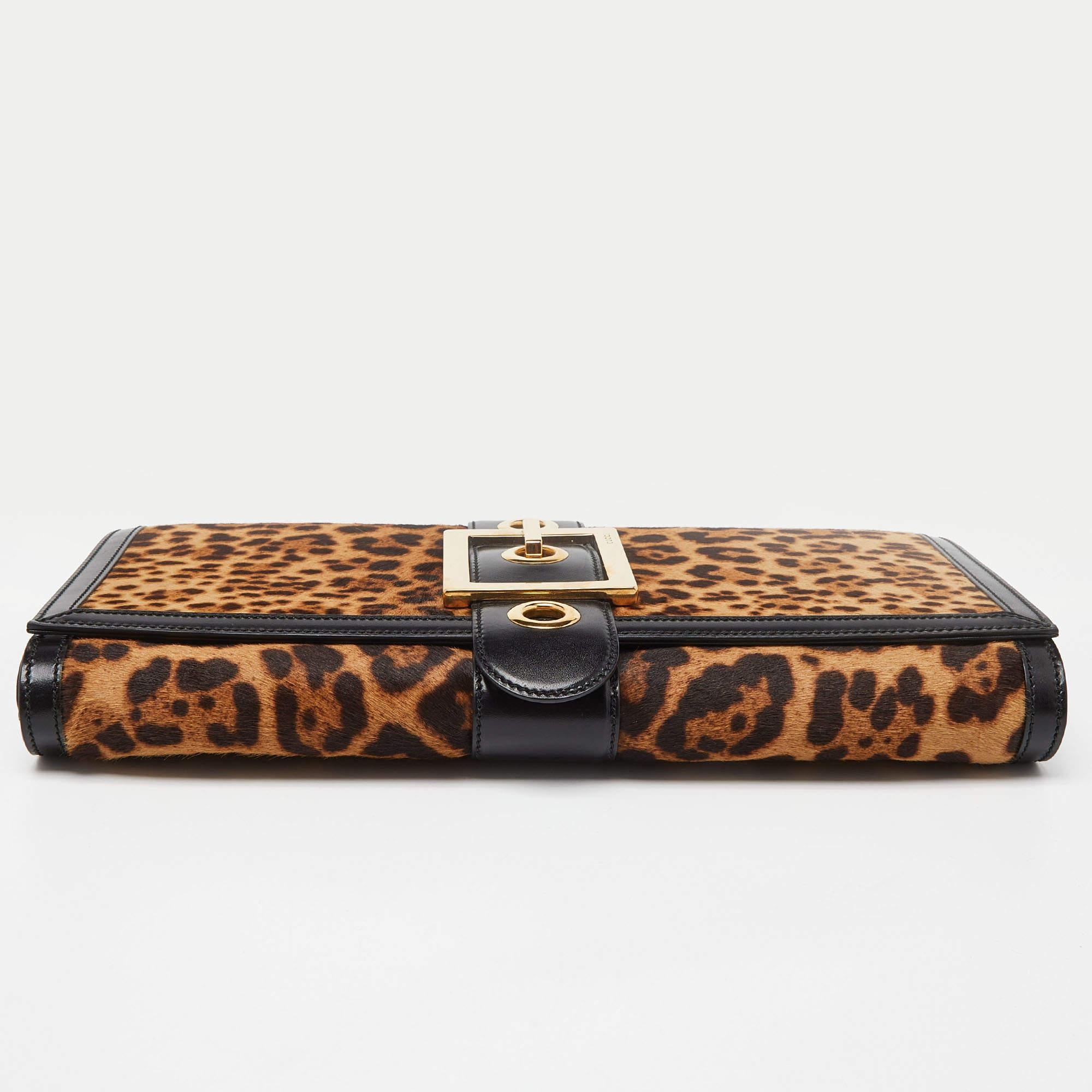 Gucci Brown/Black Leopard Print Calfhair and Leather Lady Buckle Clutch 8