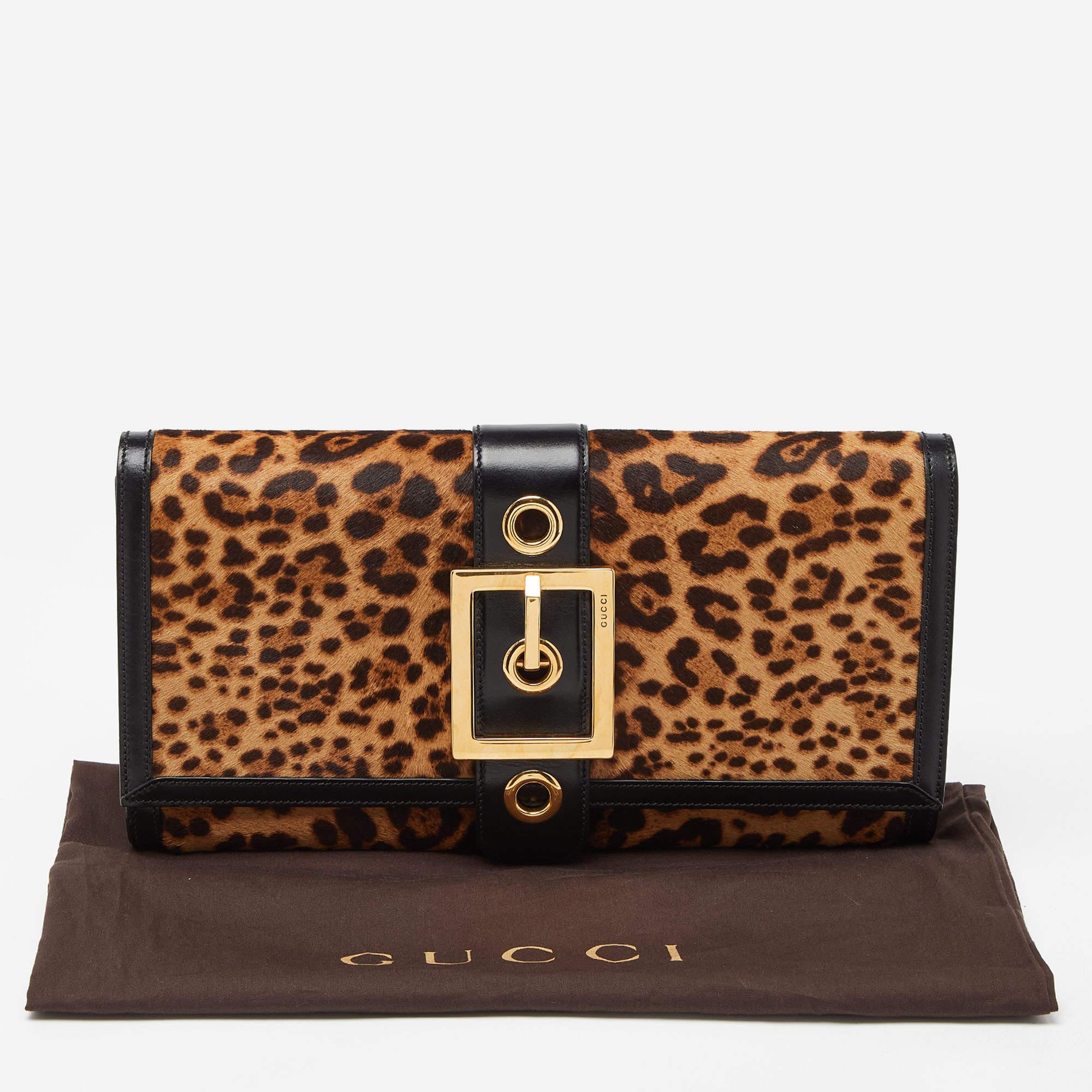 Gucci Brown/Black Leopard Print Calfhair and Leather Lady Buckle Clutch For Sale 9