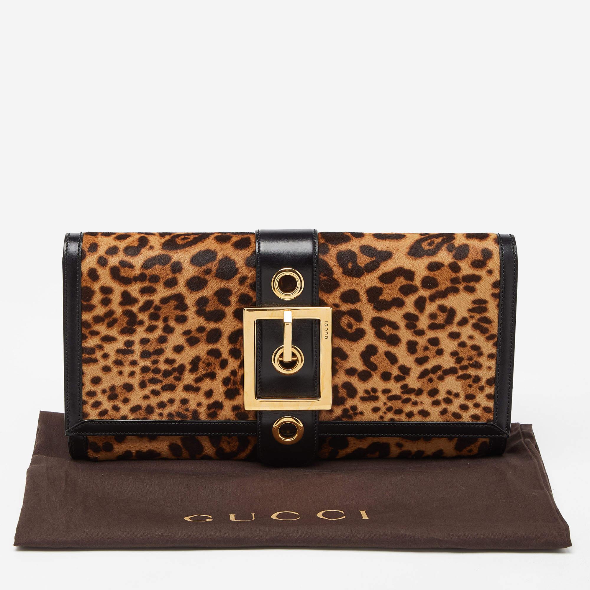 Gucci Brown/Black Leopard Print Calfhair and Leather Lady Buckle Clutch 9
