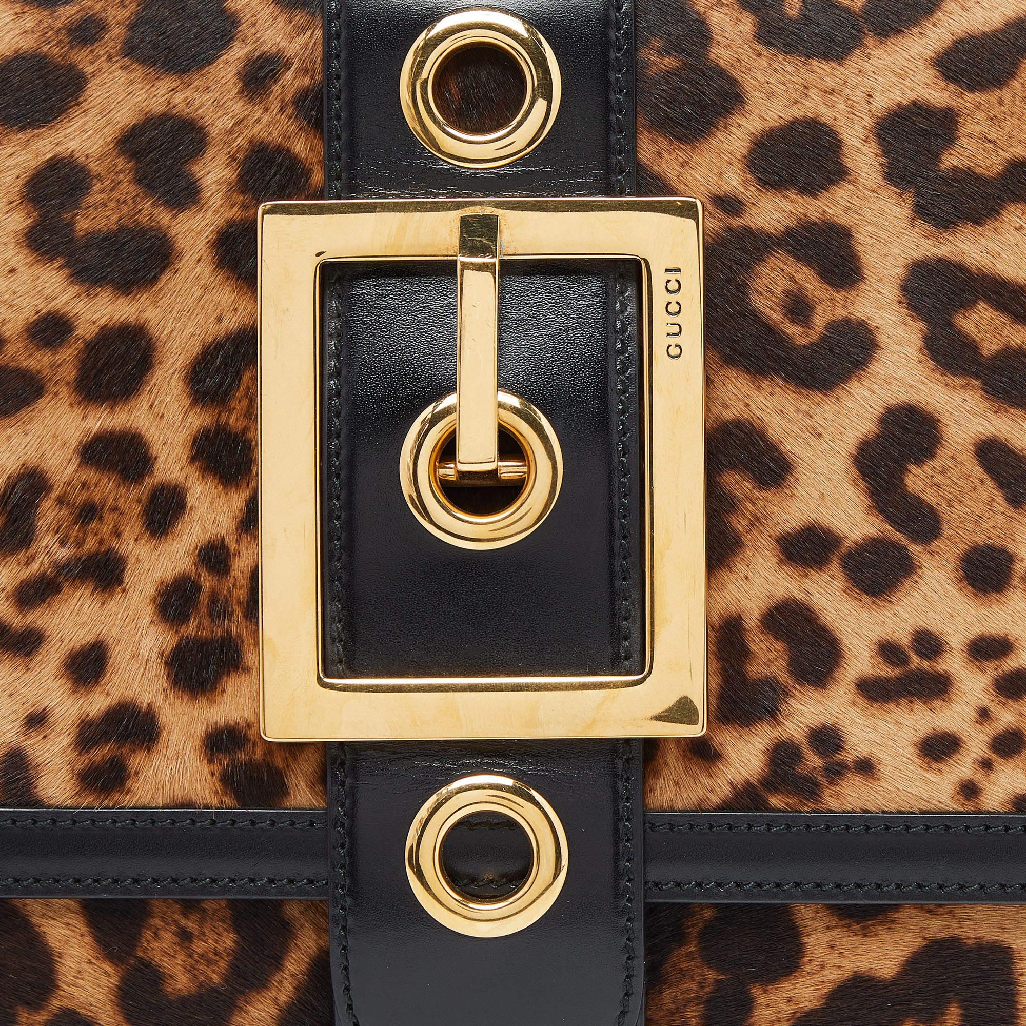 Women's Gucci Brown/Black Leopard Print Calfhair and Leather Lady Buckle Clutch For Sale