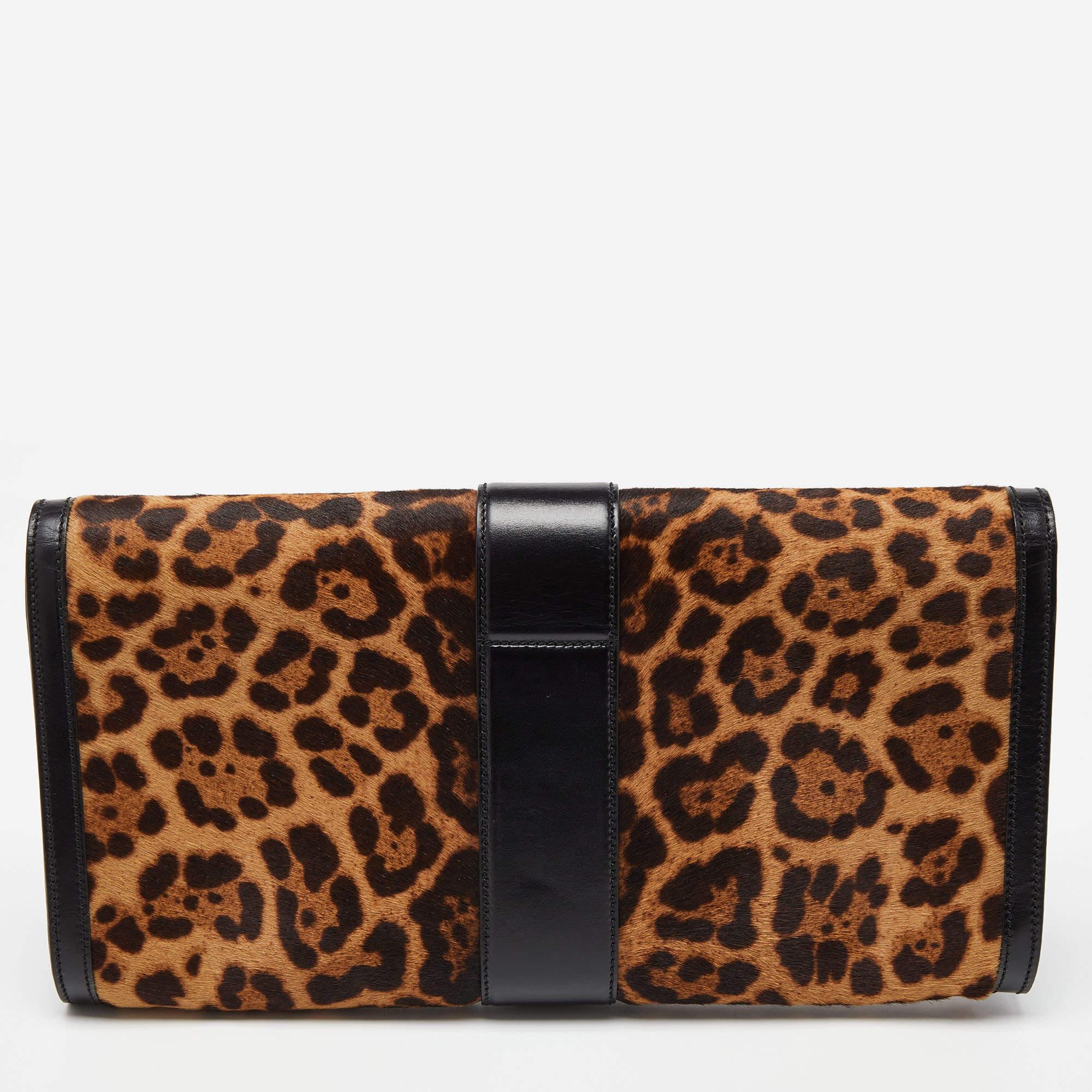 Women's Gucci Brown/Black Leopard Print Calfhair and Leather Lady Buckle Clutch