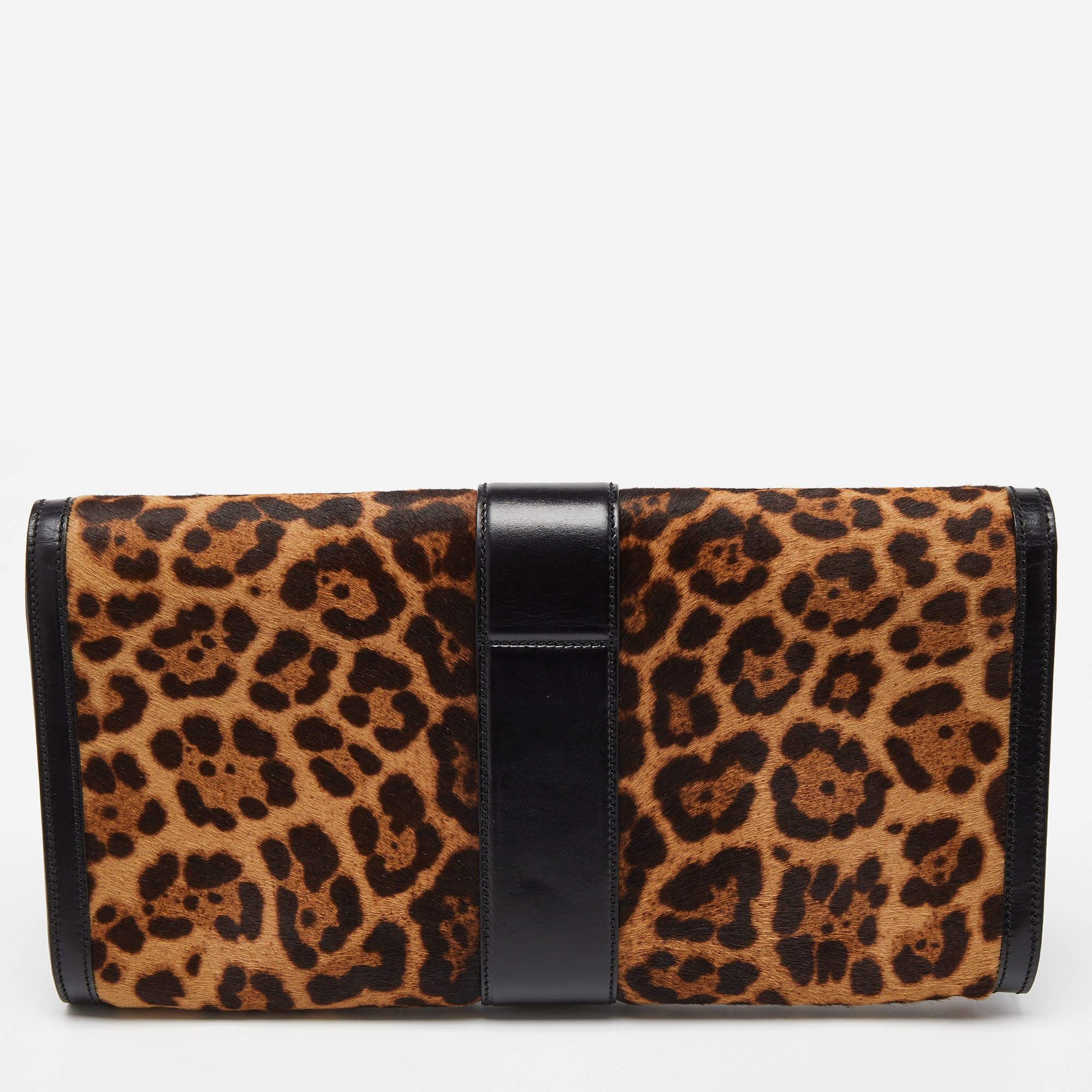 Gucci Brown/Black Leopard Print Calfhair and Leather Lady Buckle Clutch For Sale 1