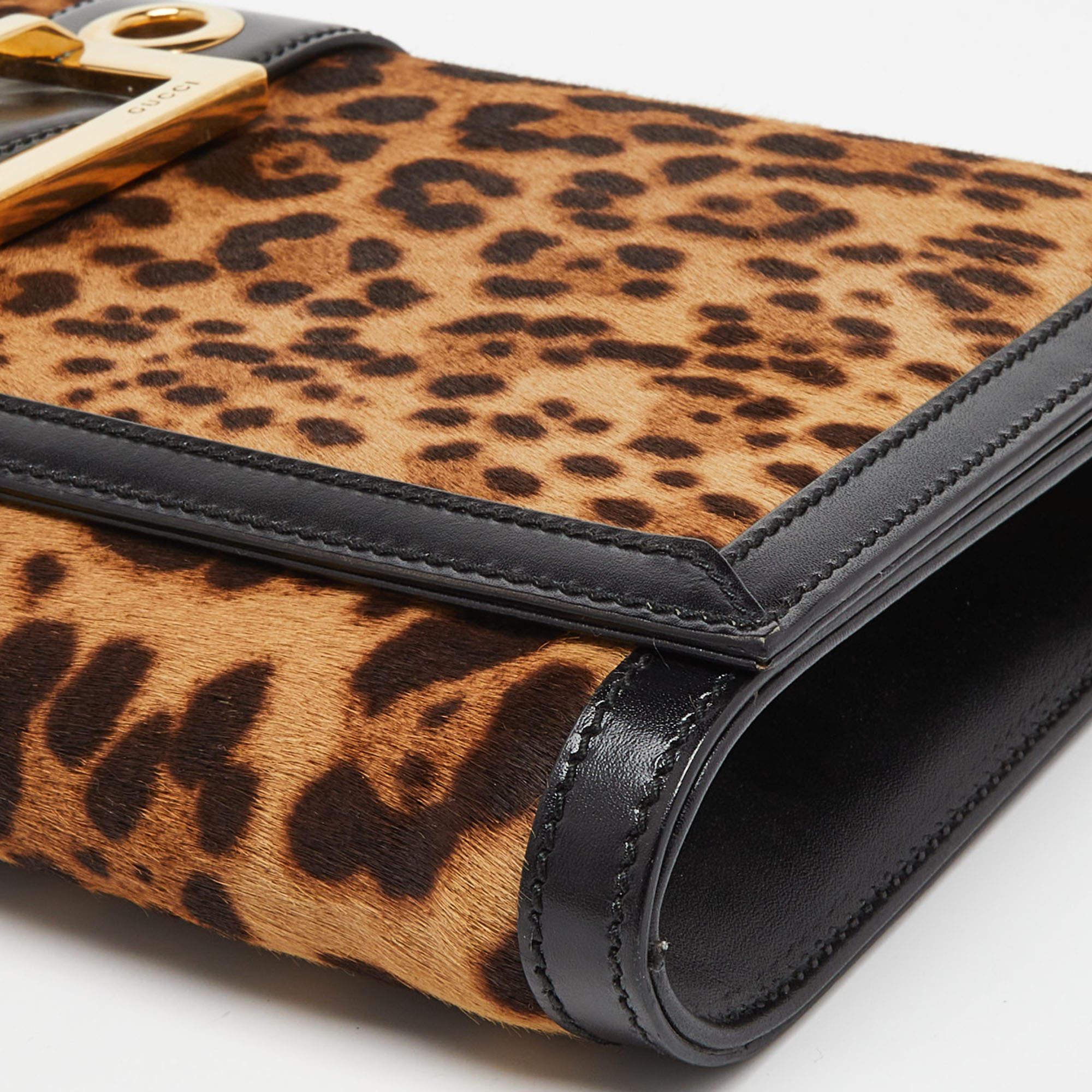 Gucci Brown/Black Leopard Print Calfhair and Leather Lady Buckle Clutch For Sale 2