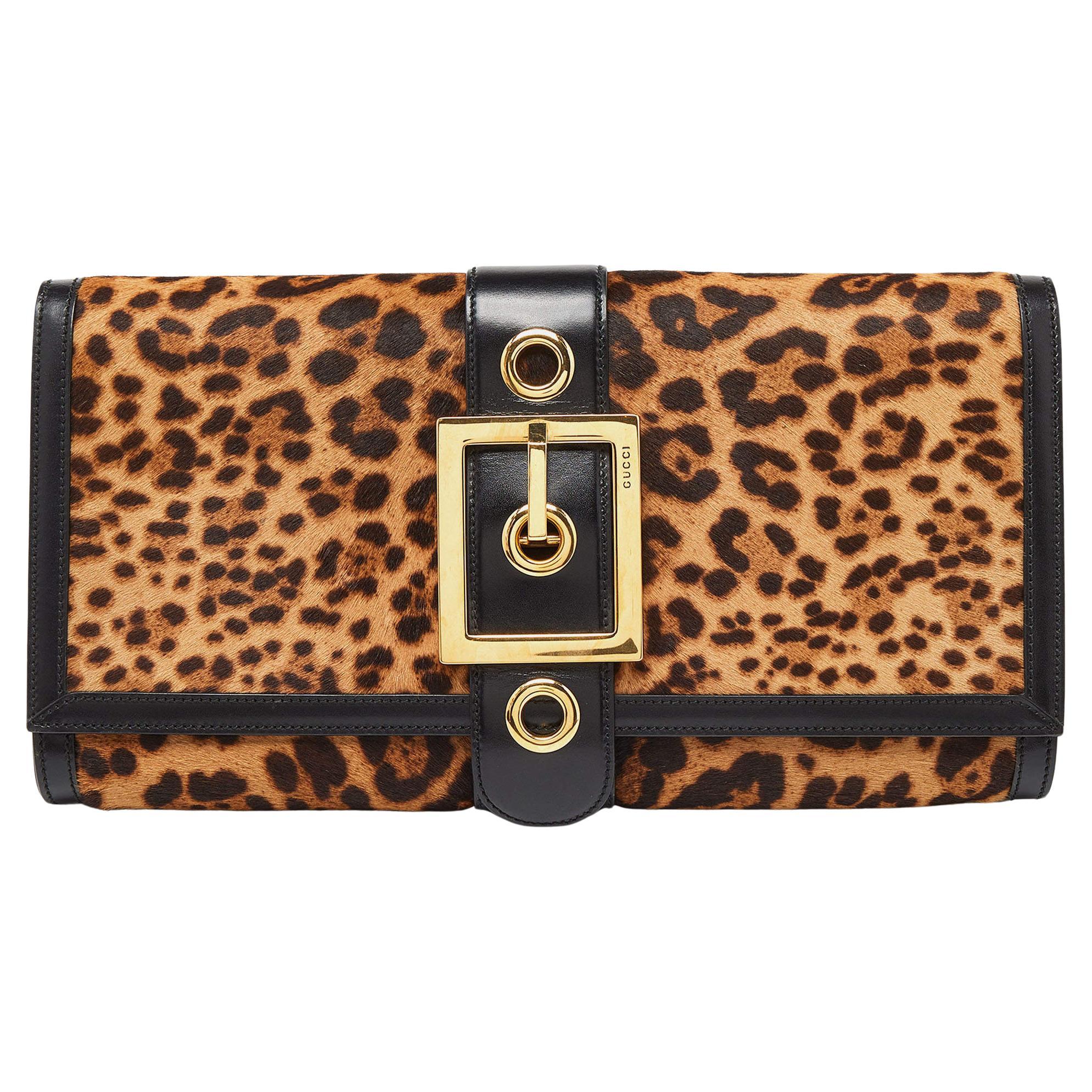 Gucci Brown/Black Leopard Print Calfhair and Leather Lady Buckle Clutch For Sale