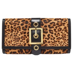 Gucci Brown/Black Leopard Print Calfhair and Leather Lady Buckle Clutch