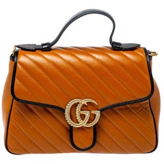 Gucci Brown/Black Matelasse Leather Small Torchon GG Marmont Top Handle Bag