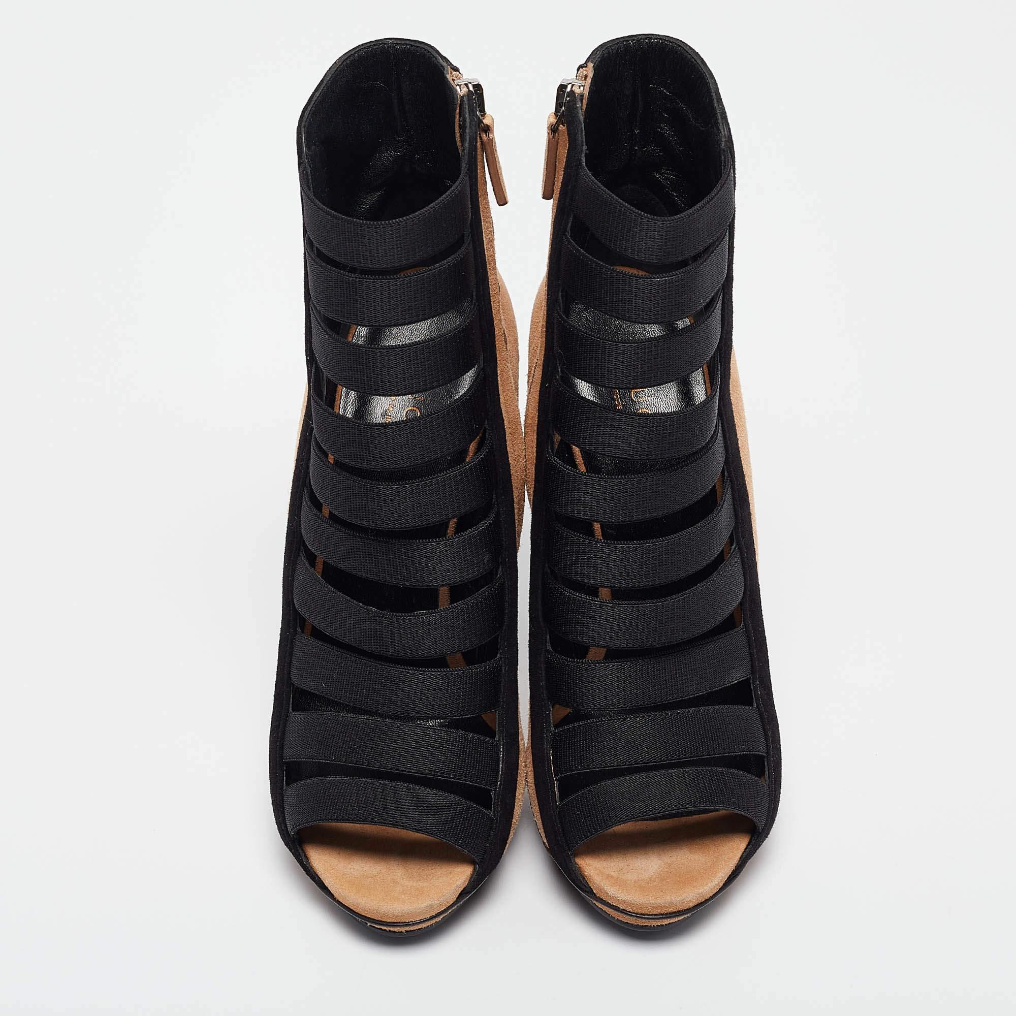 Gucci Brown/Black Suede and Fabric Olimpia Strappy Ankle Boots Size 35.5 In Excellent Condition For Sale In Dubai, Al Qouz 2