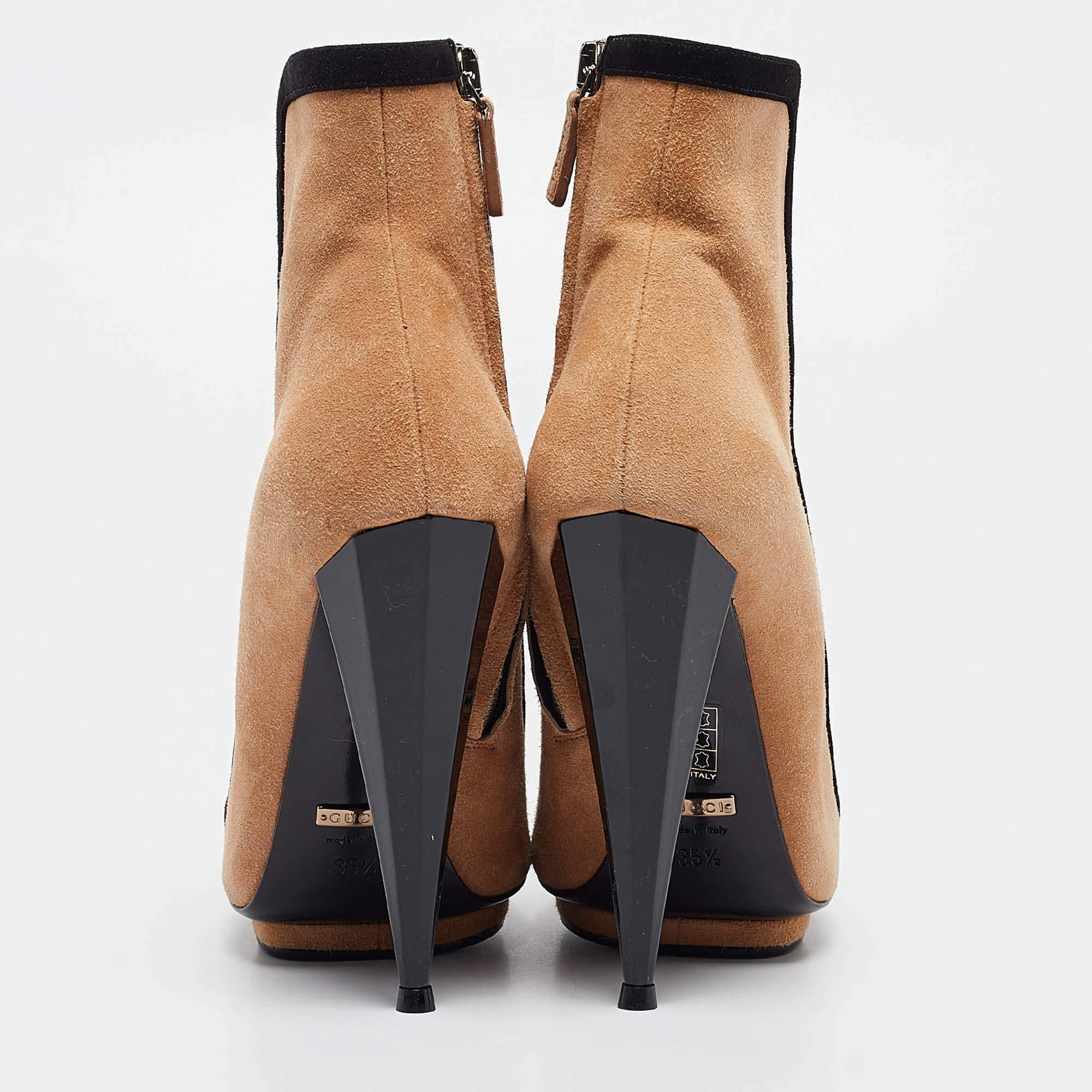 Gucci Brown/Black Suede and Fabric Olimpia Strappy Ankle Boots Size 35.5 For Sale 1