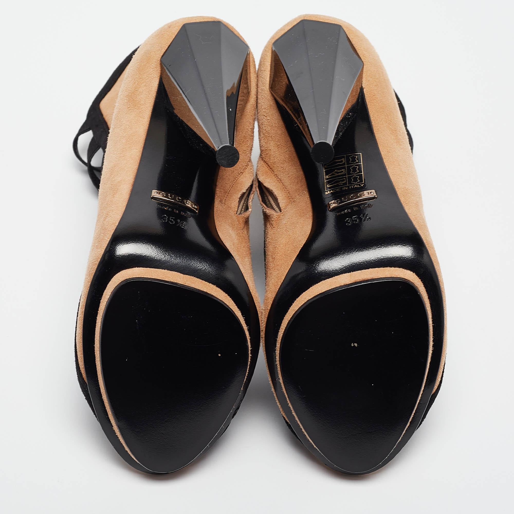 Gucci Brown/Black Suede and Fabric Olimpia Strappy Ankle Boots Size 35.5 For Sale 2