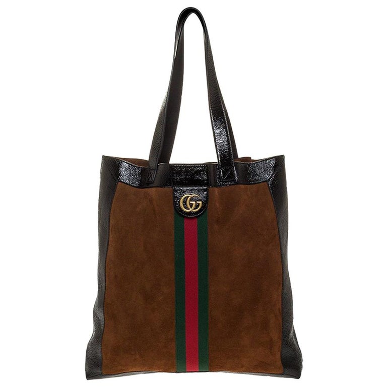 Gucci Brown/Black Suede and Leather Large Ophidia Tote at 1stDibs