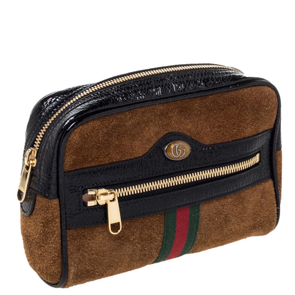 Women's Gucci Brown/Black Suede and Patent Leather GG Ophidia Belt Bag
