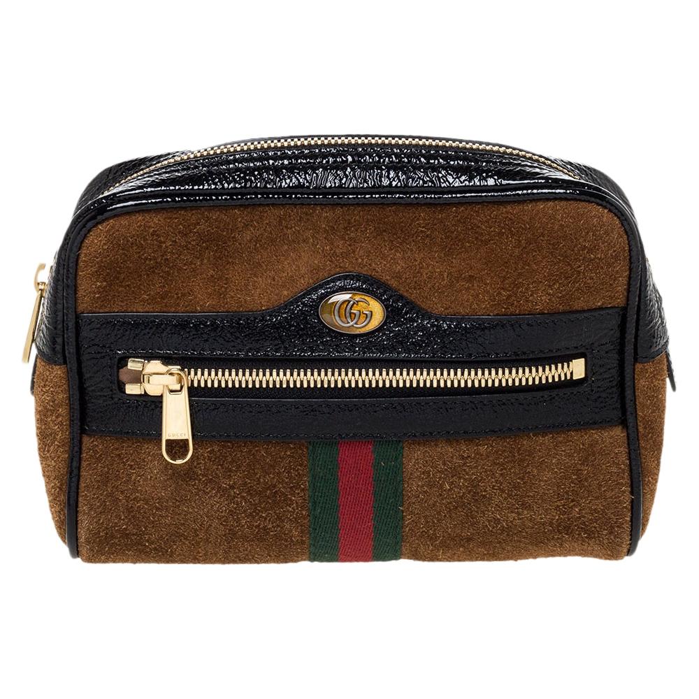 Gucci Brown/Black Suede and Patent Leather GG Ophidia Belt Bag