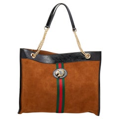 Gucci - Grand sac cabas Rajah en daim et cuir verni marron/noir