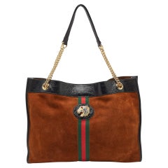 Gucci Brown/Black Suede and Patent Leather Large Rajah Tote