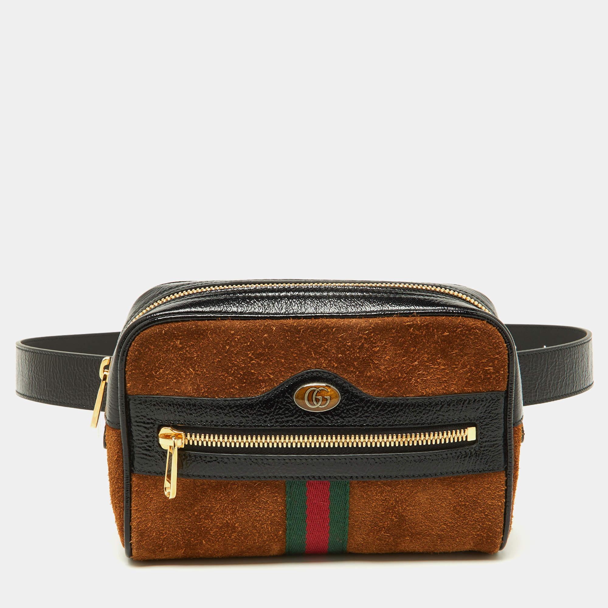 Gucci Brown/Black Suede and Patent Leather Ophidia Belt Bag For Sale 9