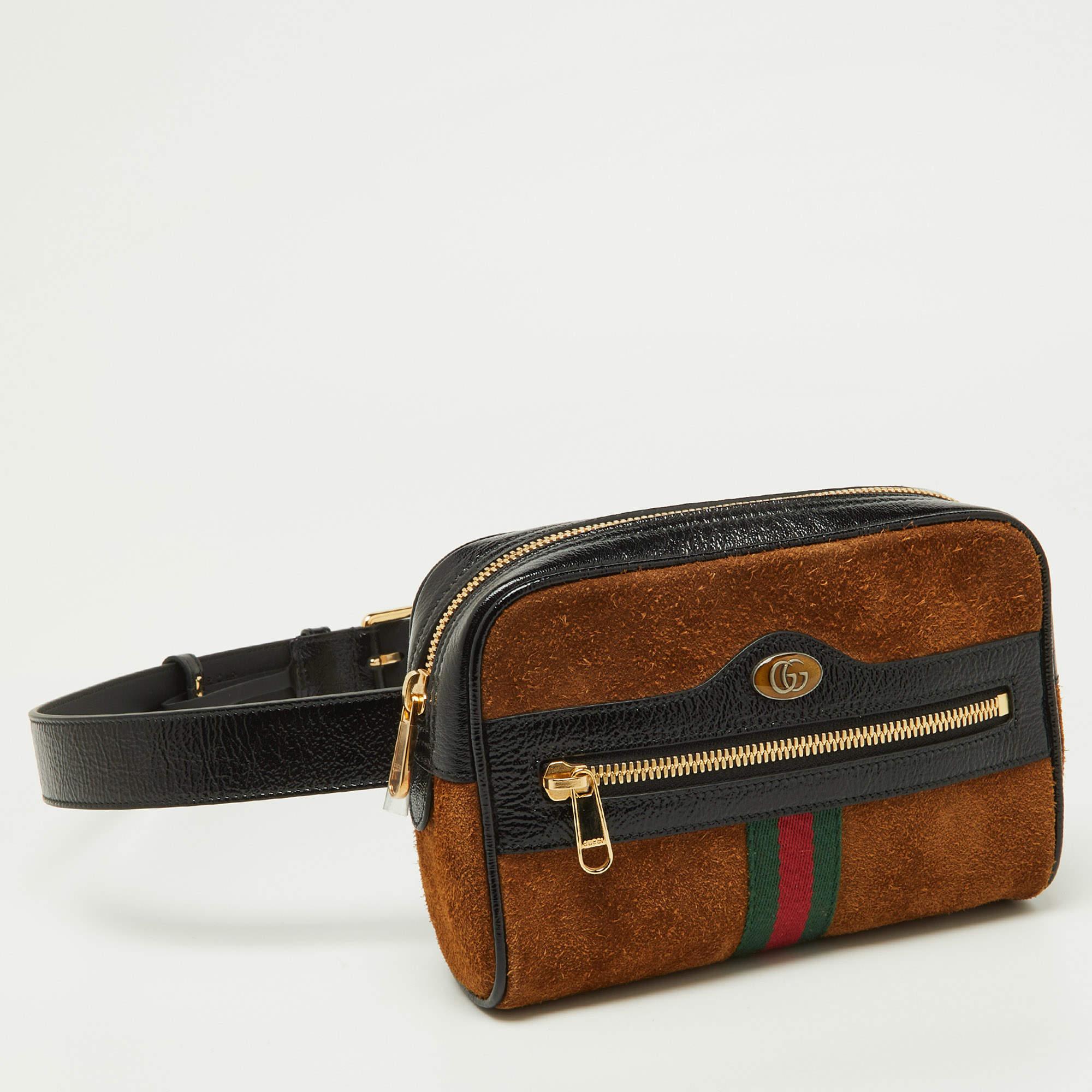 Gucci Brown/Black Suede and Patent Leather Ophidia Belt Bag For Sale 10