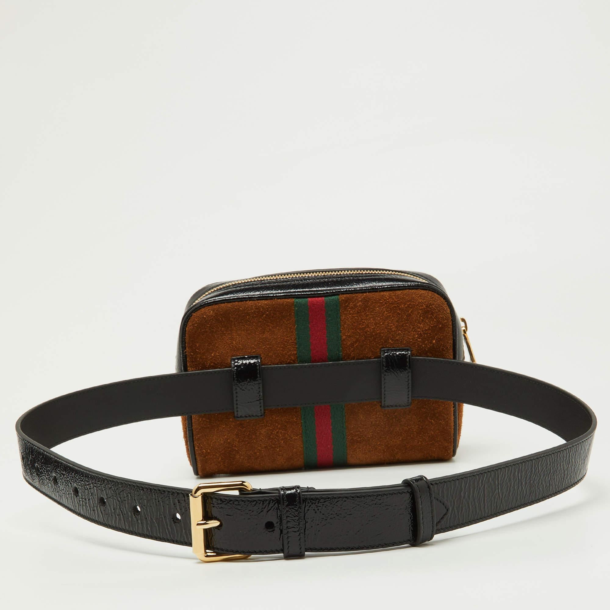 Gucci Brown/Black Suede and Patent Leather Ophidia Belt Bag For Sale 11