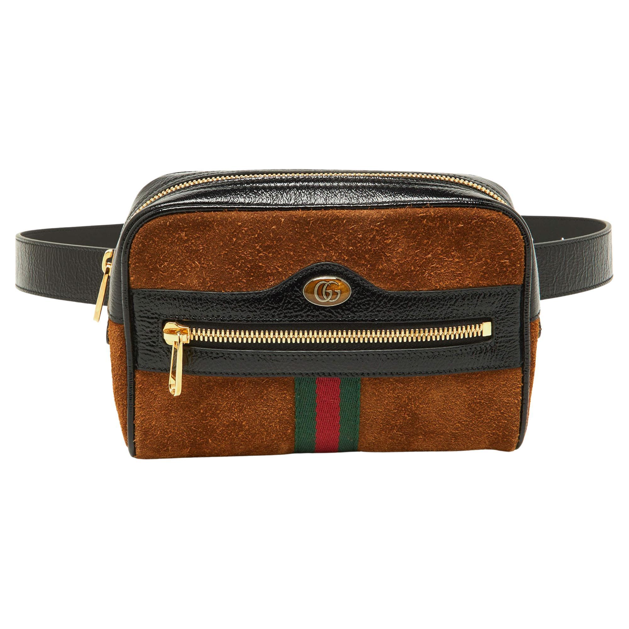 Gucci Brown/Black Suede and Patent Leather Ophidia Belt Bag For Sale