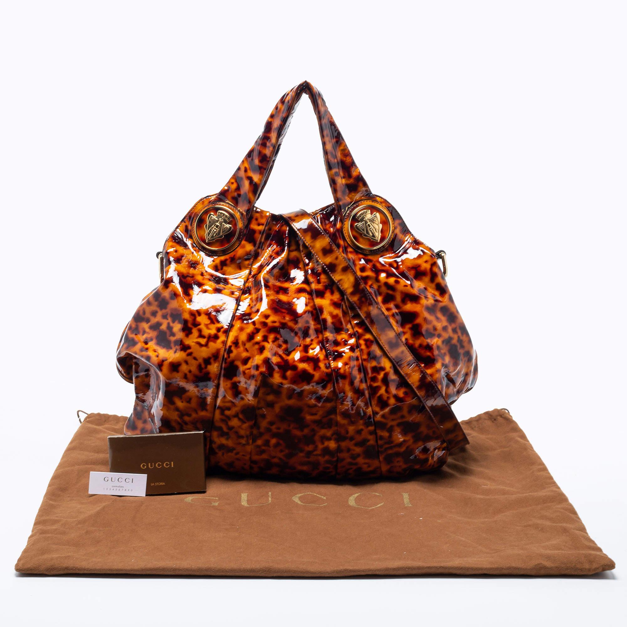 Gucci Brown/Black Tortoise Shell Patent Leather Large Hysteria Hobo en vente 9