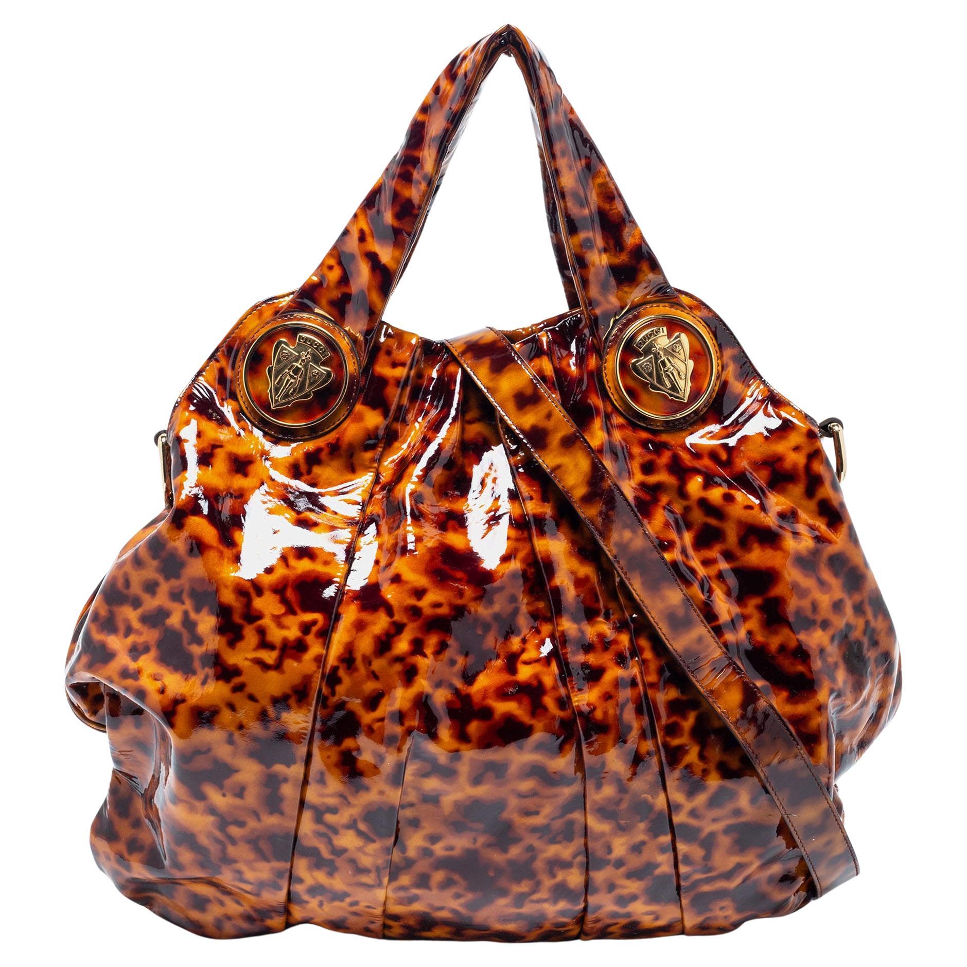 Gucci Brown/Black Tortoise Shell Patent Leather Large Hysteria Hobo en vente