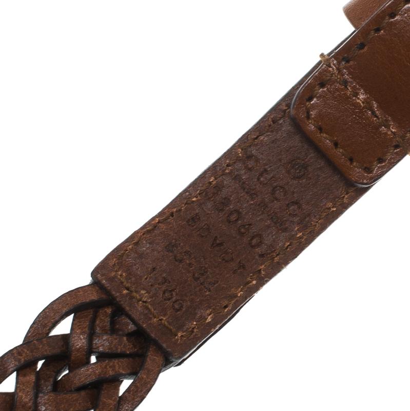 Gucci Brown Braided Leather Skinny Belt 85 CM In Excellent Condition In Dubai, Al Qouz 2