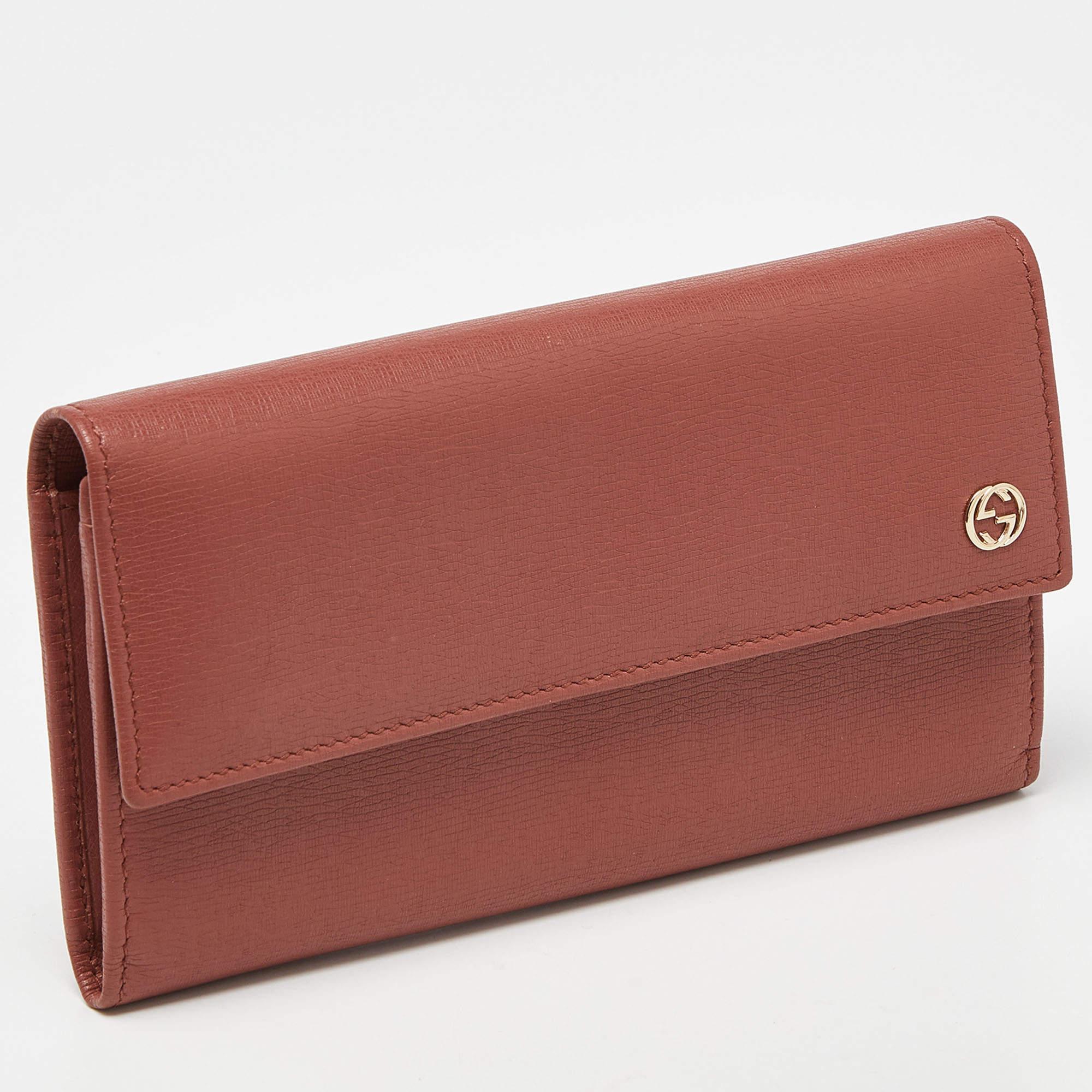 Pink Gucci Brown Brick Leather Interlocking G Continental Wallet For Sale
