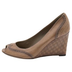 Gucci Brown Brogue Leather Open Toe Microguccissima Wedge Pumps Size 38.5