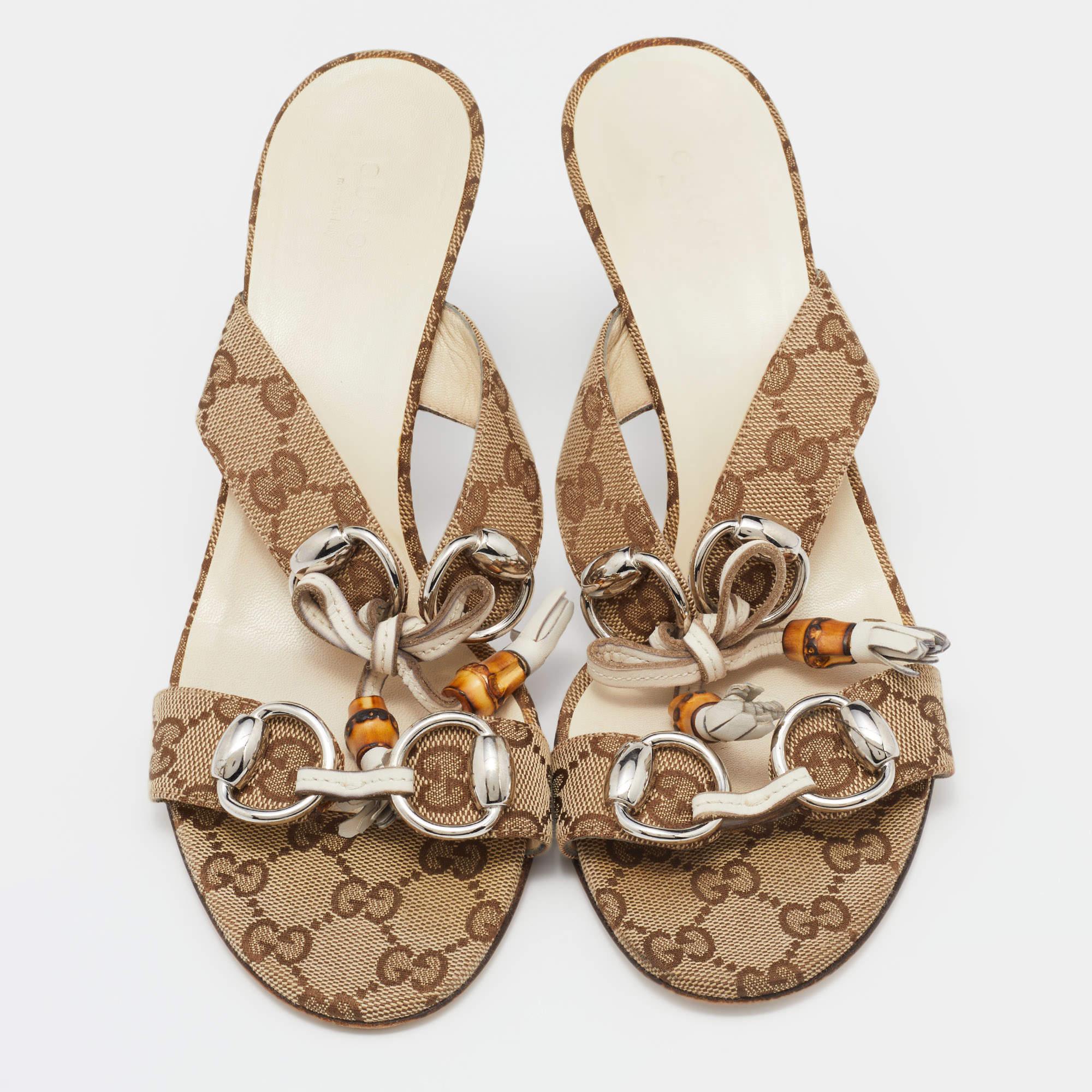 Beige Gucci Brown Canvas Guccissima Bamboo Horsebit Sandals Size 39