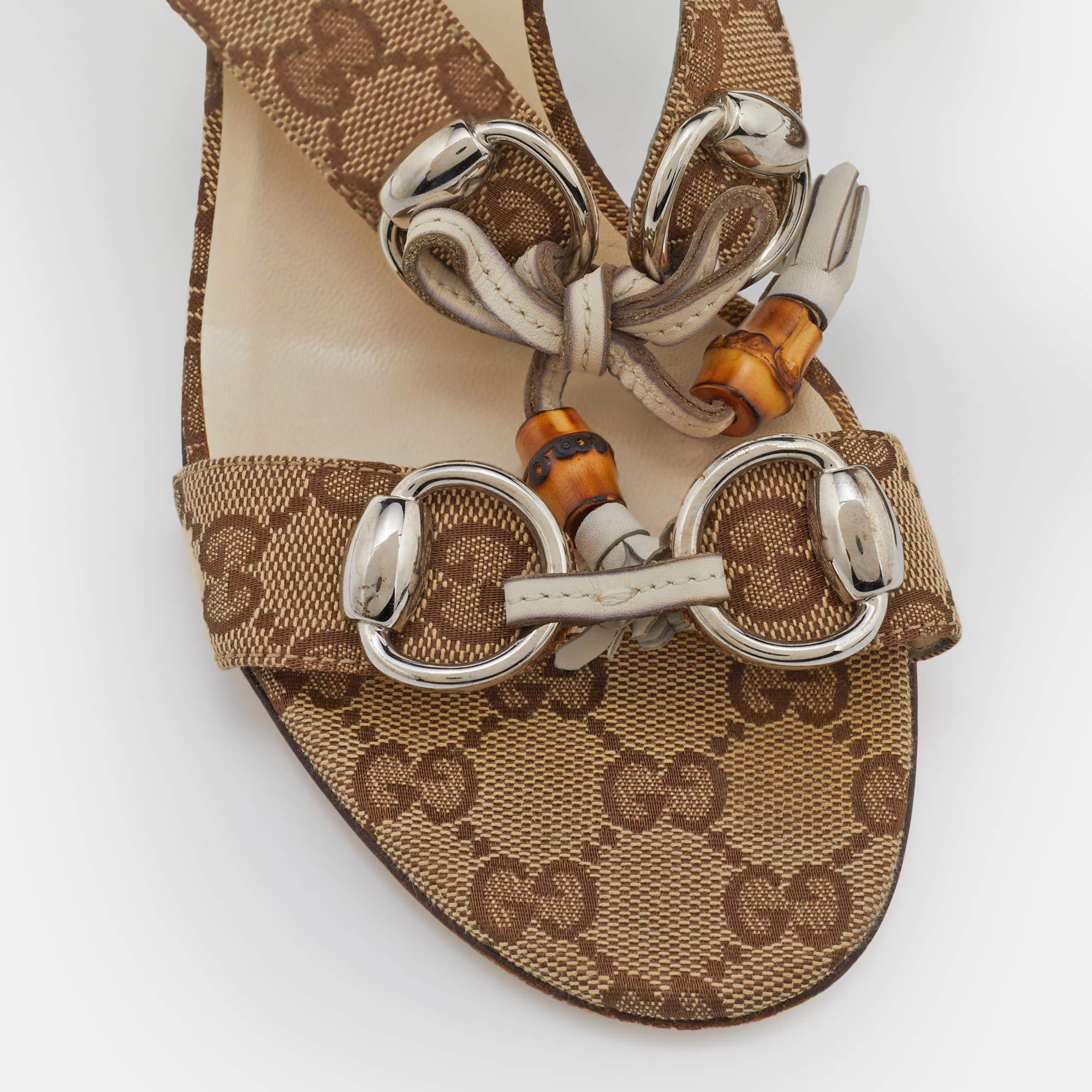 Gucci Brown Canvas Guccissima Bamboo Horsebit Sandals Size 39 In Good Condition In Dubai, Al Qouz 2