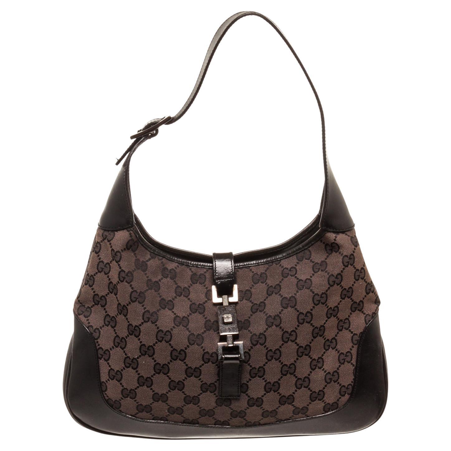 Gucci Brown Canvas Jackie Umhängetasche aus MATERIAL Canvas mit goldfarbener Hardware im Angebot