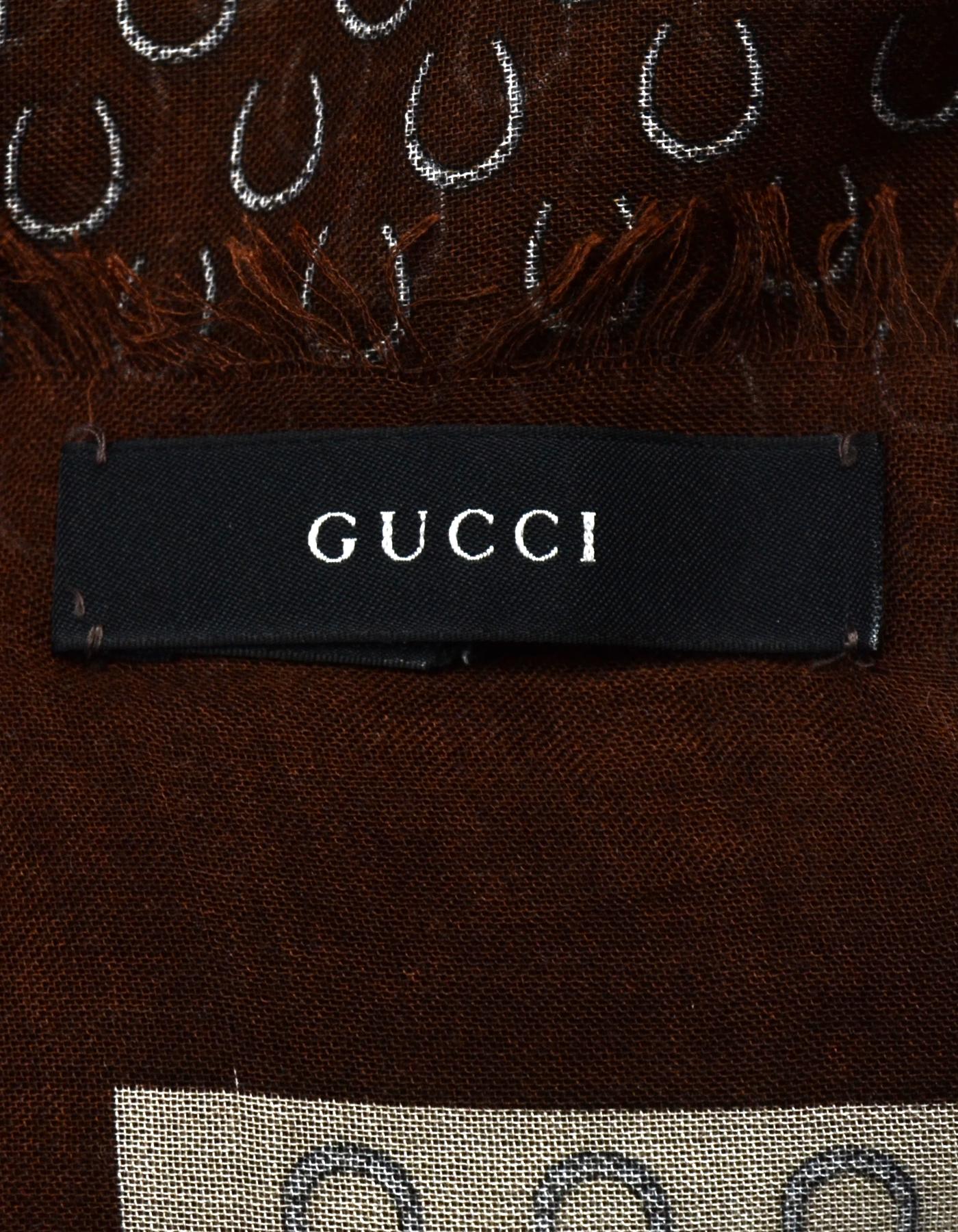Women's Gucci Brown Cashmere/Wool Horseshoe Print Scarf W/ Red/Green Trim 