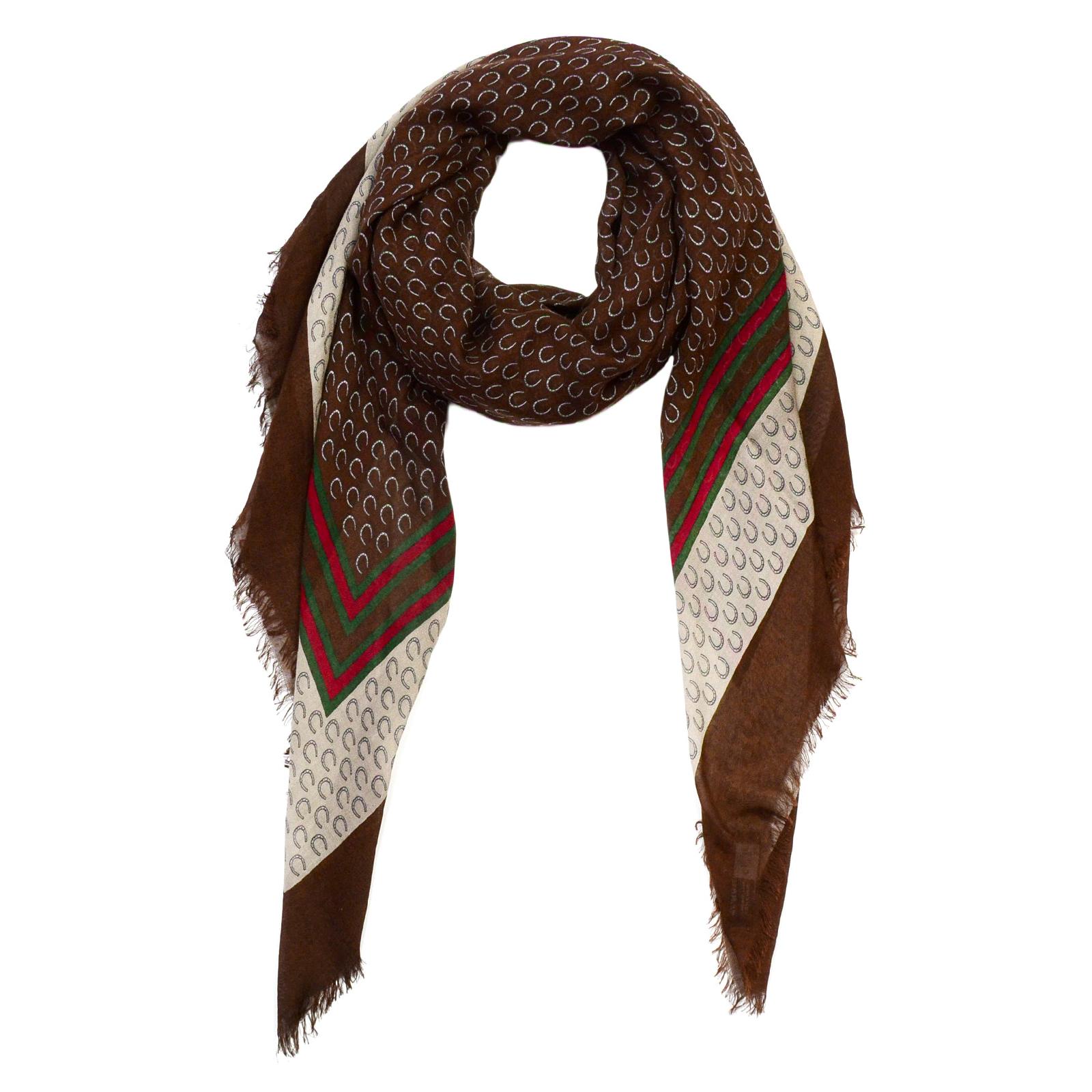 Gucci Brown Cashmere/Wool Horseshoe Print Scarf W/ Red/Green Trim