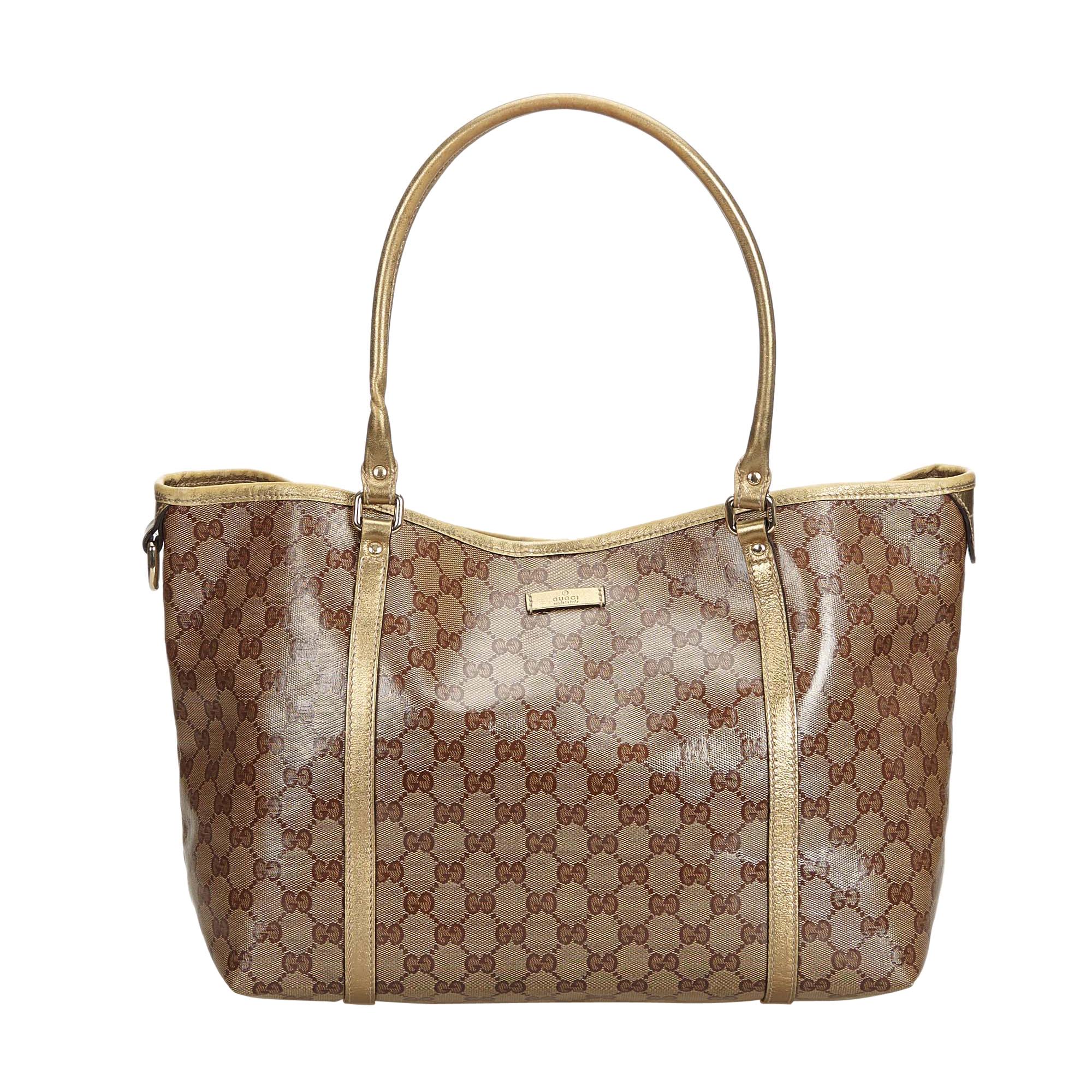 Gucci Brown Coated Canvas Fabric GG Crystal Joy Tote Bag Italy For Sale