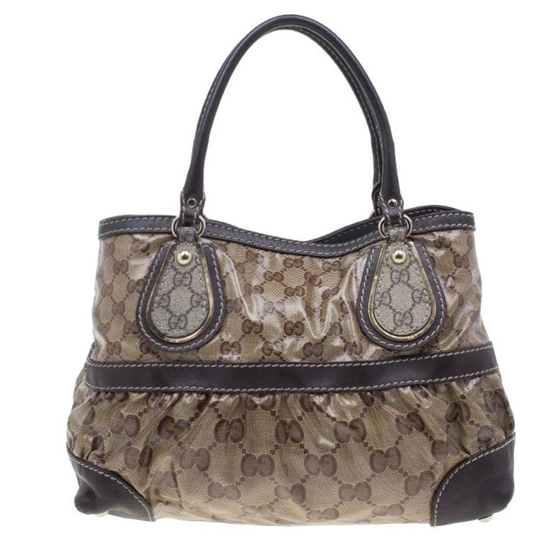 Gucci Brown Coated Canvas Monogram Crytal Mix Tote For Sale at 1stdibs