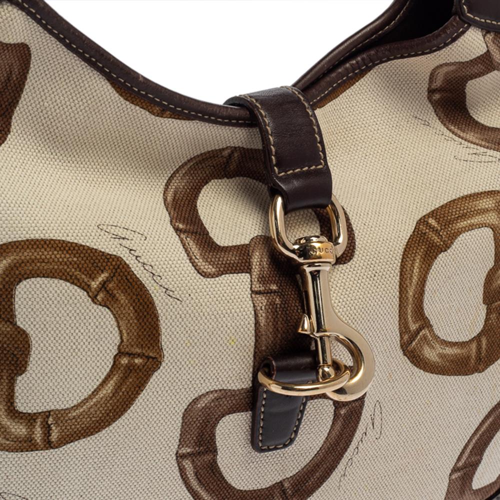 Gucci Brown/Cream Horsebit Print Canvas and Leather Jackie O Hobo 5