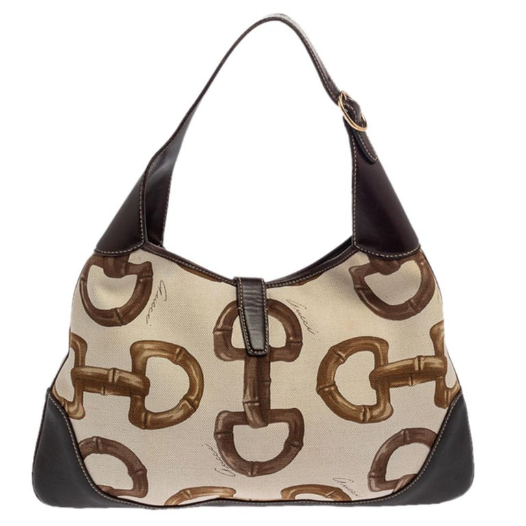 Vintage GUCCI Jackie O Hobo GG Beige Canvas Leather Medium Shoulder Handbag